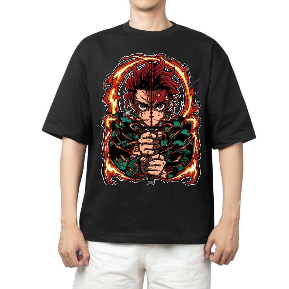 Demon Slayer Tanjiro Kamado Hinokami Kagura Flame Circle Anime Print T Shirt Men 2026 Summer Casual Streetwear Oversized Cotton