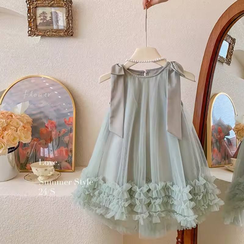 Letnia Koreańska Dziewczęca Bez Rękawów Kokarda Jednolity Kolor Słodka Delikatna Sukienka Księżniczki Dziecięcy Trend