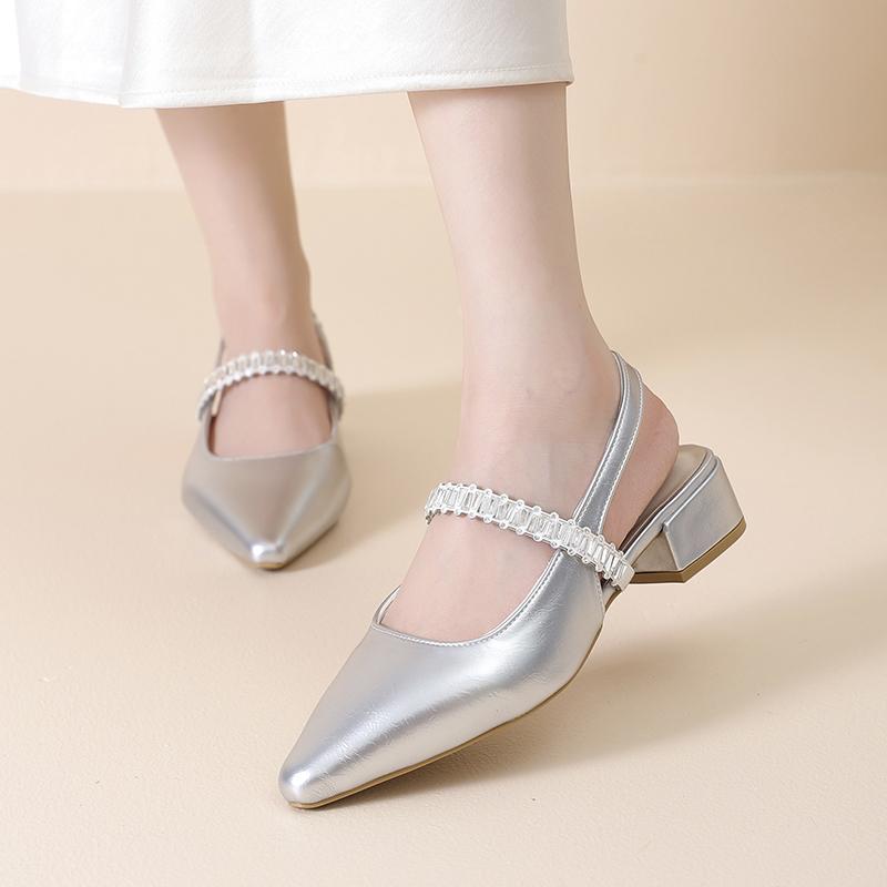 Summer Lady New Women's Shoes Back Strap Pointed Rhinestone Low-Front Cover Foot Flat Bottom Casual Shallow Mouth Simple Sandals