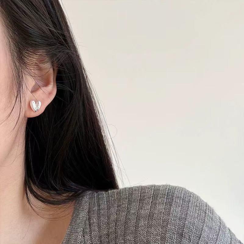 S999 Sterling Silver Korean Style Heart Stud Earrings for Women - Simple, Versatile, Textured Design