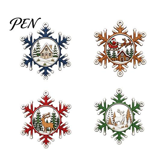 Wooden Snowflake Ornaments for Holidays 4 Pcs Christmas Ornaments, Rustic Hanging Decoration with Vintage Style Tree Pendants Elk Village House Design