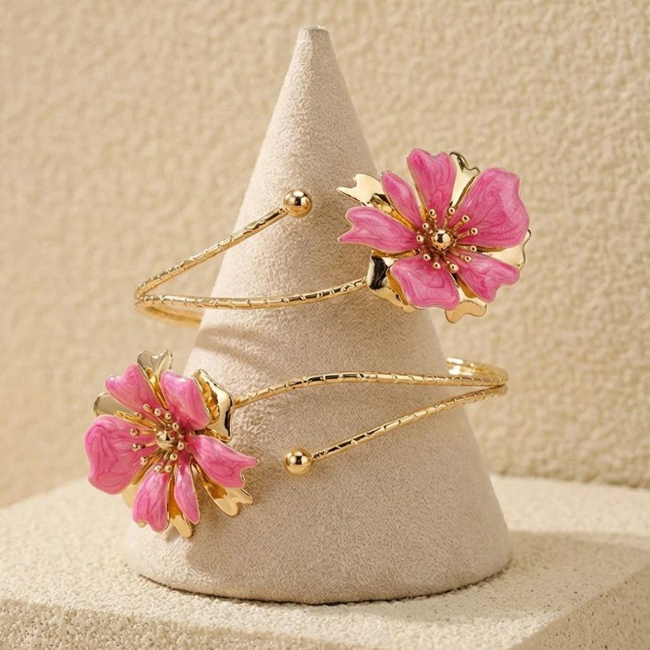 Gold Color Spiral Upper Arm Cuff Bracelet for Women Pink Enamel Flower Armlet Bracelet Fashion Summer Body Jewelry Gifts