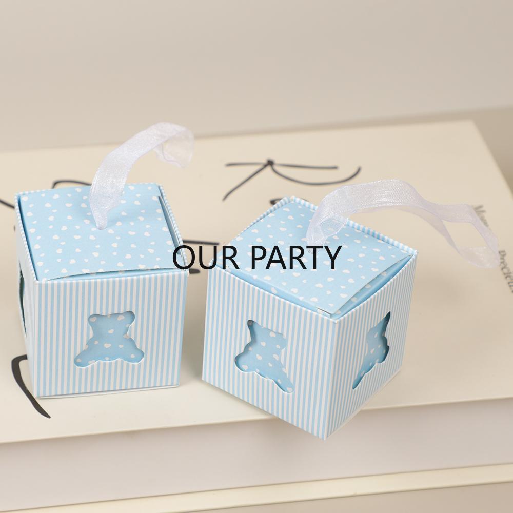

50Pcs Cute Hollow Out Bear Candy Box with Ribbons Gender Reveal Gift Packing Boxes for Kids Birthday Baby Shower Party Decor 5x5x5cm синий