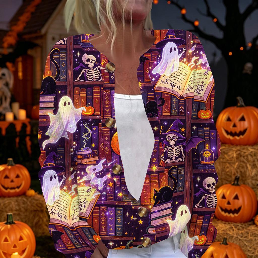 Damen Halloween Print Langarm Strick Cardigan Knopfleiste Pullover Mantel Leichte Oberbekleidung für Herbst und Winter