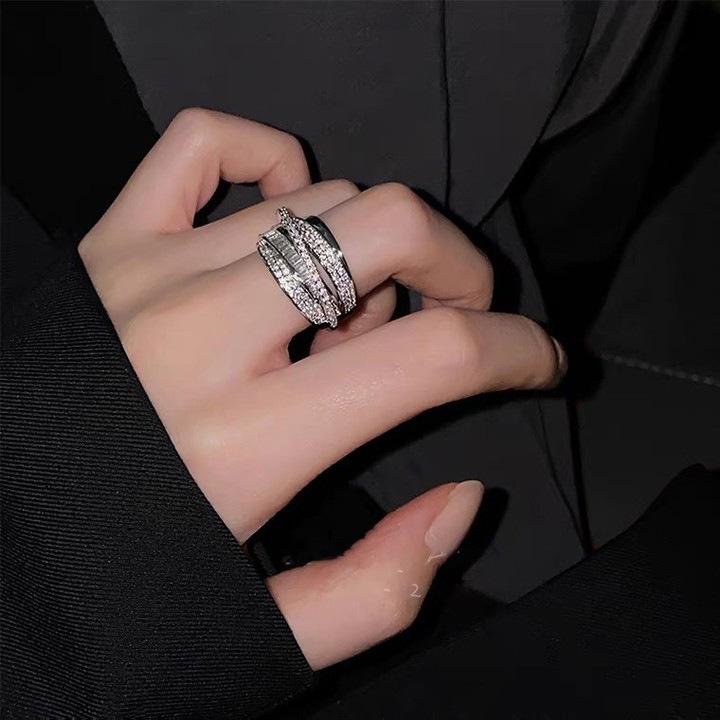Geometric Zircon Metal Open Ring - Elegant High-End Cold Style Jewelry for Women