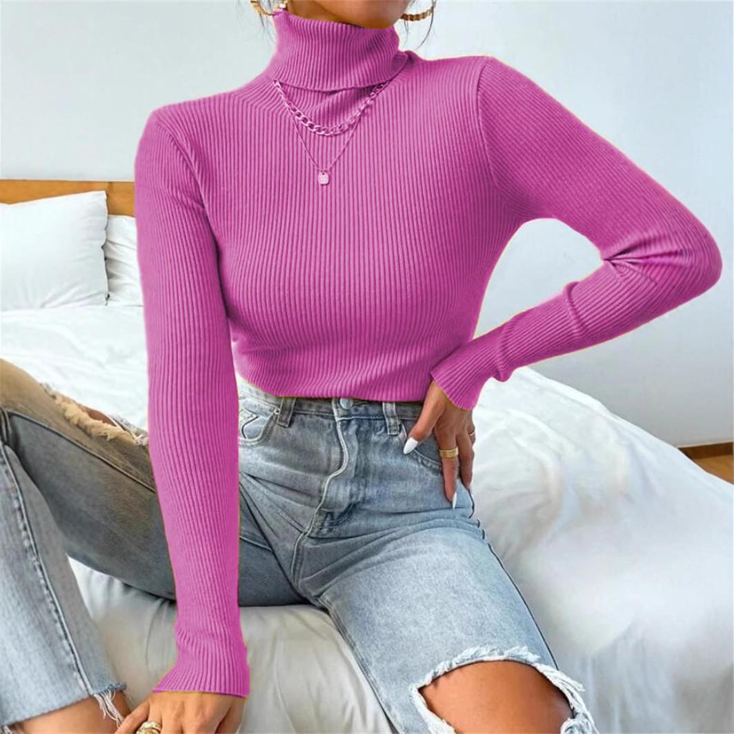 Женские модные осенне-зимние базовые водолазки в рубчик вязаные свитера Низ Теплые свитера Пуловеры с длинными рукавами Однотонный свитер Джемпер Тонкие топы S розы красного