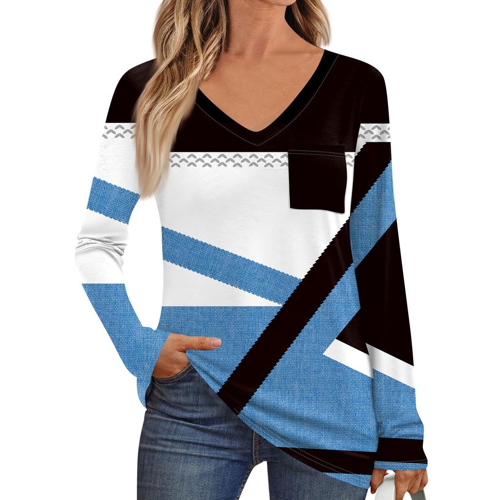 Women's Fashion Long Sleeve V-Neck Pullover Printed T-Shirt Top With Pocket