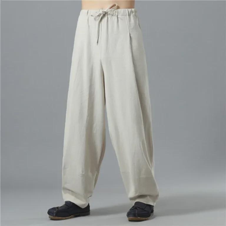 Men's Summer Loose-Fit Cotton Linen Wide-Leg Elastic Waist Sports Pants