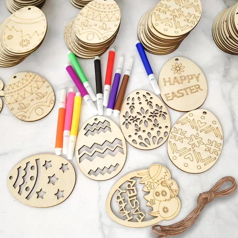 10-40PCS Easter Wooden Eggs with Hemp Rope Holiday Party Decorations DIY Craft Kits for Kids Home Wall Hanging Wooden Ornaments