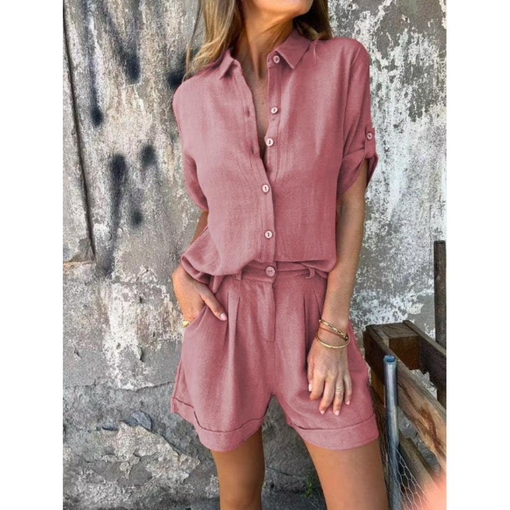 Lněný dvoudílný set, Volná košile, Šortky s vysokým pasem, Bavlněné lněné šortky s krátkým rukávem, Ležérní, Dámský, Oblek
