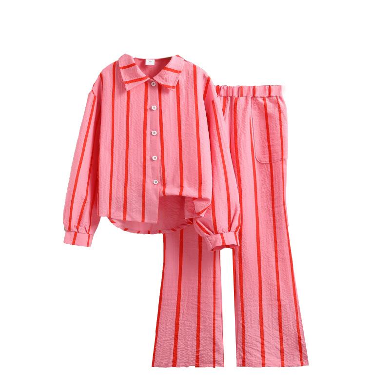 Girls' Set 2025 Autumn Children's Fashion Casual Striped Long-sleeved Shirt Flared Pants