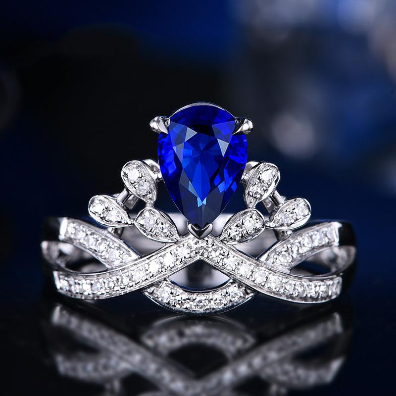 Women Luxury Pear Crown Ring Simulated Diamond Engagement Ring with Colored Gemstones