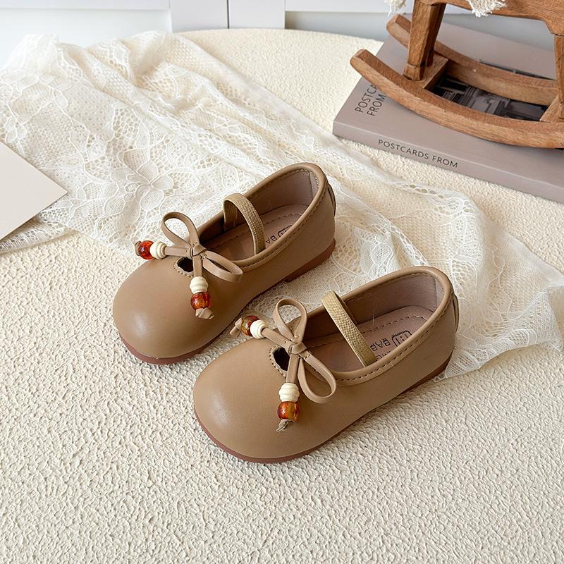 Girls Bow Bead Decor Single Strap Soft Sole Casual Mary Jane Flats 21 хаки