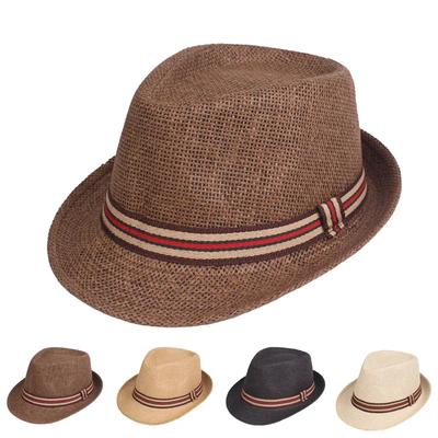 Herrenstrohhut - Sommer-Sonnenhut für den Strand mit gestreiftem Band, einfarbiger Fedora & Cowboy-Jazzhut, lässiger Gangster-Stil
