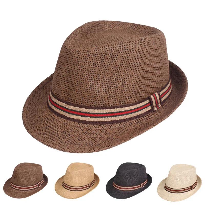 Men's Straw Hat - Summer Beach Sun Hat with Striped Ribbon, Solid Color Fedora & Cowboy Jazz Cap, Casual Gangster Style