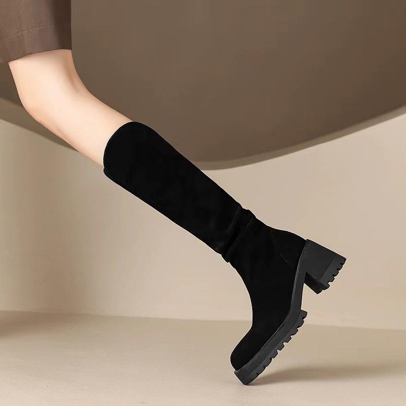Show leg thin~ knight boots women's autumn and winter 2025 new pleated stack sleeve high boots European and American leather cowboy boots