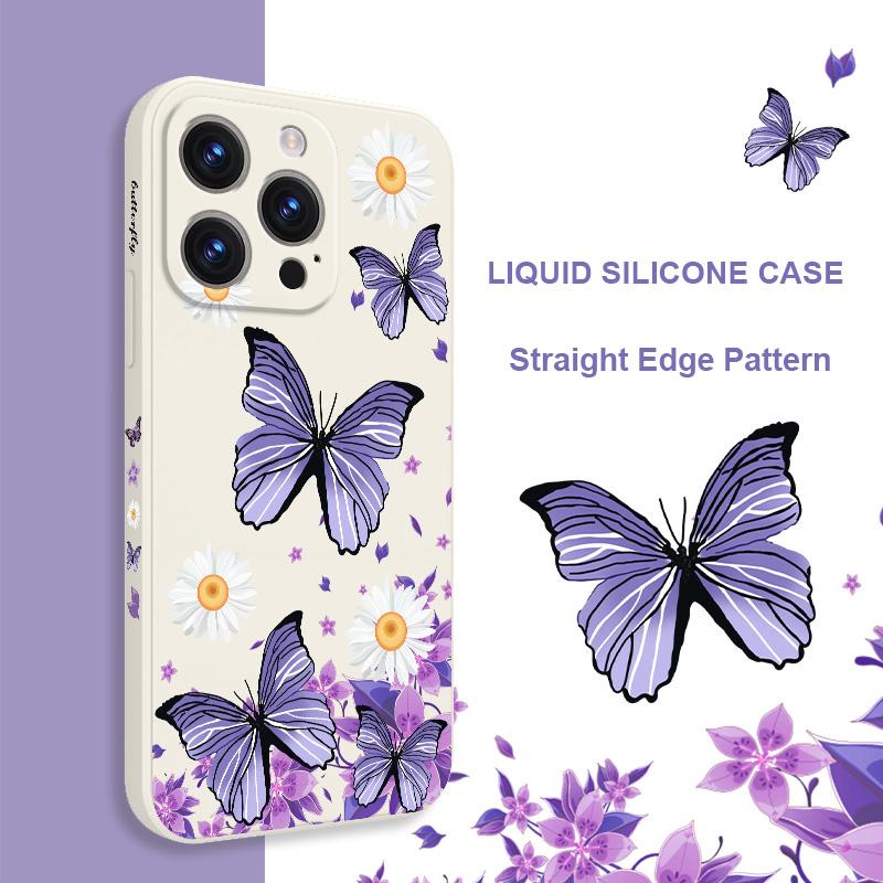 Butterfly Daisy Pattern Soft Liquid Silicone Fall Prevention Case Cover For iPhone 16 16e 15 Pro Max 14 Plus 13 12 11 X Xs Max 7 8 6 SE2 SE3