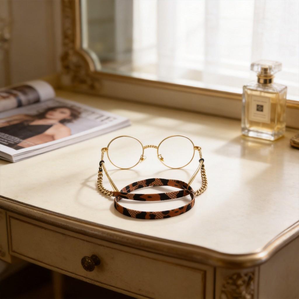 Leopard Print Eyewear Chain For Women With Fabric Material And Geometric Line Design