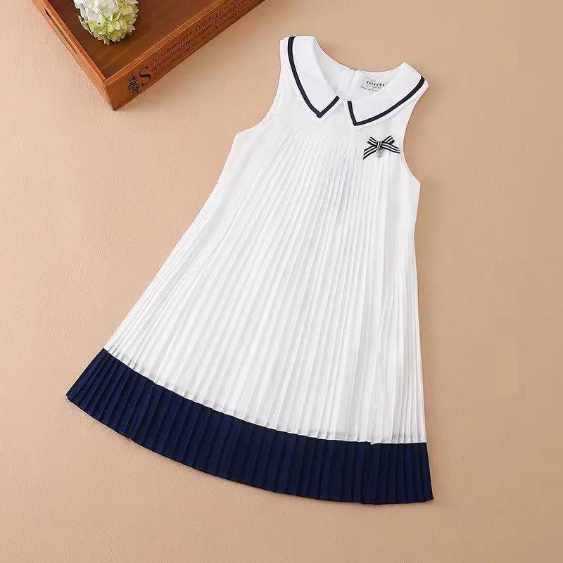 Robes plissées fraîches de style universitaire d'été pour filles, robes sans manches mignonnes et confortables pour enfants de taille moyenne et grande
