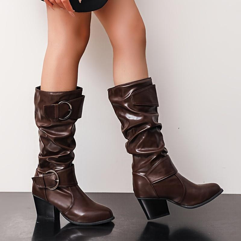 

Large Walled Boots, New Slim and Thick Heel Stacked High Boots, Solid Color Round Toe High-heeled Knight Boots 43