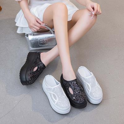 Slippers Wear Advanced Sense Without Heel Half Slippers Women's 2025 Summer New Bag Head Velcro Mesh Sequined Thick Bottom
