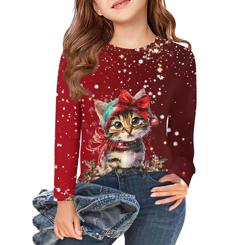Christmas Day Girls Long Sleeve T Shirts Kids Fall Tops Crewneck Printed Basic Tees