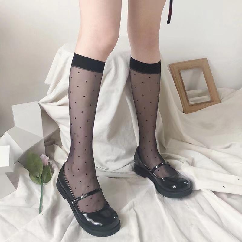 

Женские сексуальные чулки в горошек, гольфы до колена, мягкие нейлоновые эластичные сетчатые, для девочек, Лолита, милые, модные, длинные носки до бедра, черные One Size чёрный