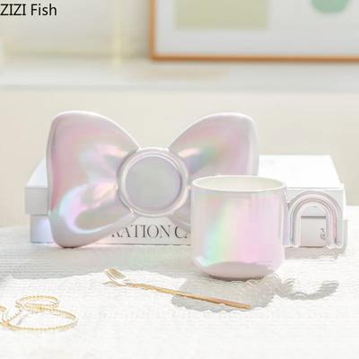 Set di tazze da caffè con fiocco e piattino, in ceramica, di lusso, per coppia, tè pomeridiano, tazza da caffè, tazza da colazione, tazza da latte, regali, casa nordica