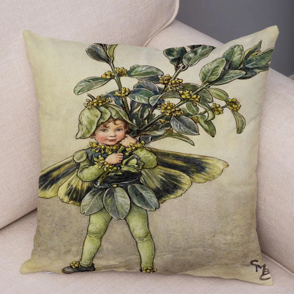 Vintage Cartoon Elfen Kissenbezug Dekor Bunte Märchenwelt Kissenbezug Plüsch Blumenmädchen Kissenbezug für Sofa Zuhause