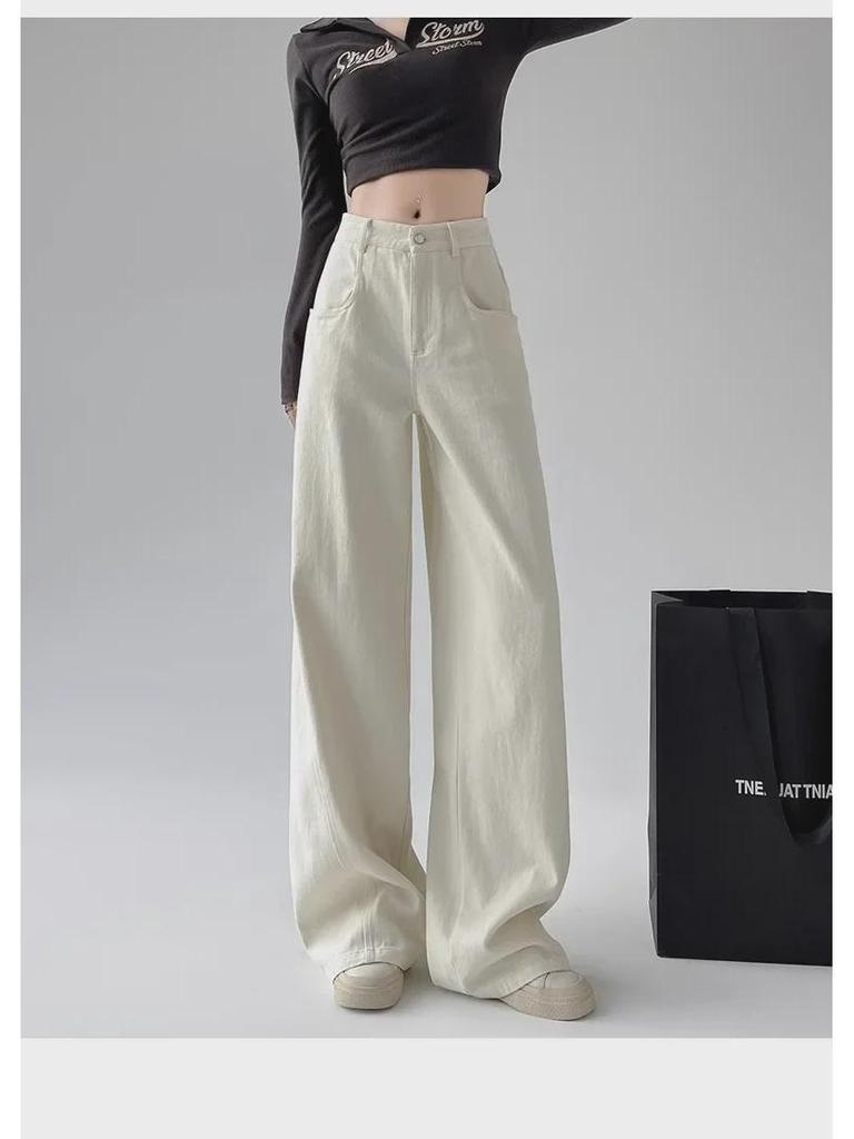 Women's White High-Waisted Wide-Leg Jeans: Autumn/Winter Retro American Style Loose Fit.