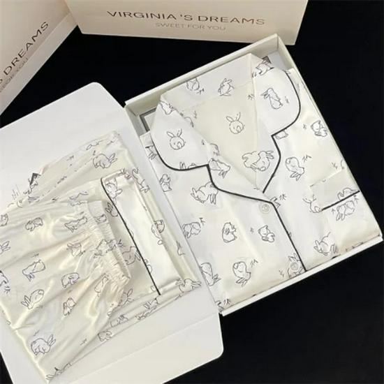 2025 Spring/Autumn Women's Ice Silk Sweet Pajama Set - Long-sleeve, Thin, High-end, Cute, Two-piece Homewear