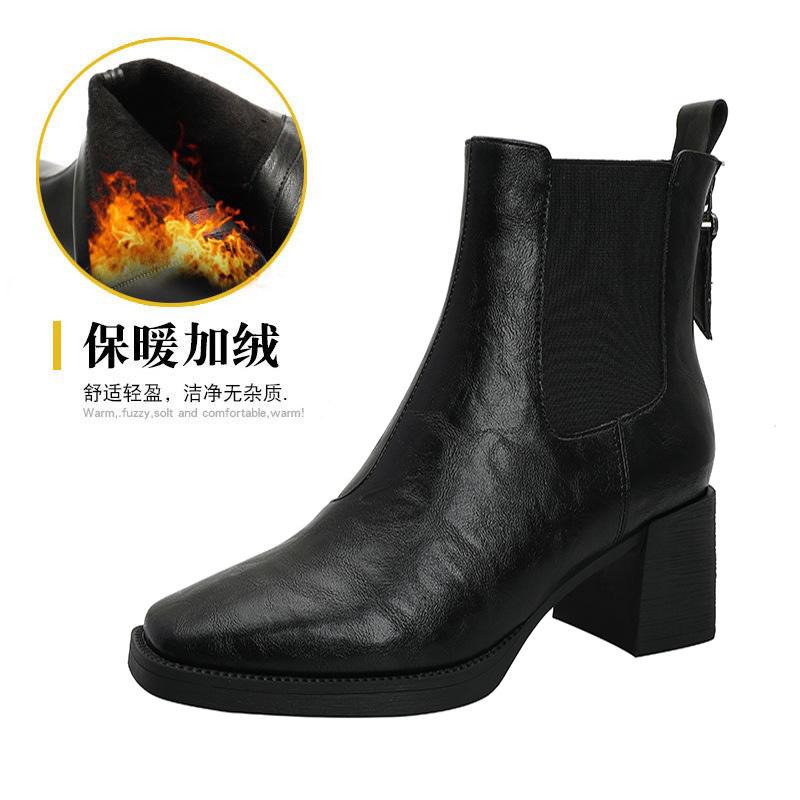 High-heeled Short Boots 2025 Winter New Thick-heeled Brown Boots Women's Medium Boots Fashion Square Head Elastic Women's Leather Boots