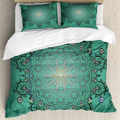 Mandala Bettbezug Set Boho Lotusblume Mikrokosmos Motiv Einzigartiges Retro Grün Thema Doppel Queen King Size Polyester Qulitbezug