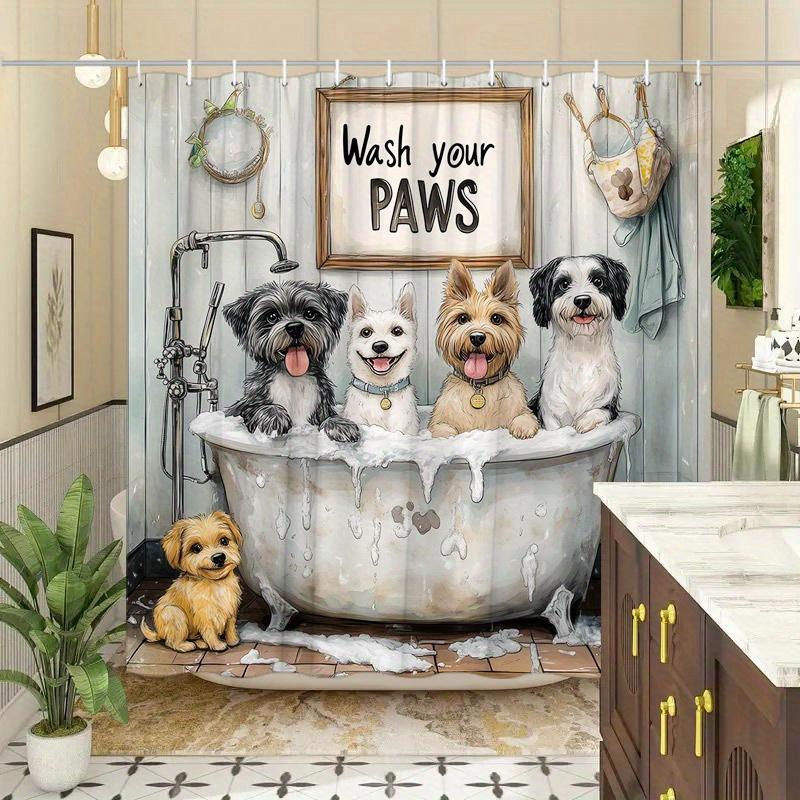 Cute Dogs in Bathtub 3D Waterproof Shower Curtain - Adorable Pet Theme Bathroom Decor, Unique and Fun Design