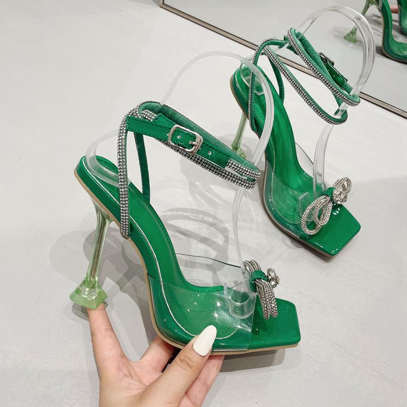 Mode Sexy Peep Toe Square Head Jelly High Heels Sandalen für Damen Pumps Strass Schleife Knöchelriemen Schnalle Schuhe Sommer