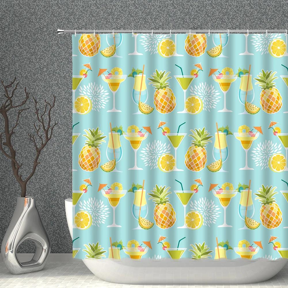 Fruits Shower Curtain Waterproof Fabric Watermelon Apple Strawberry Print Bath Curtains Set Pink Green White Bathroom Screen