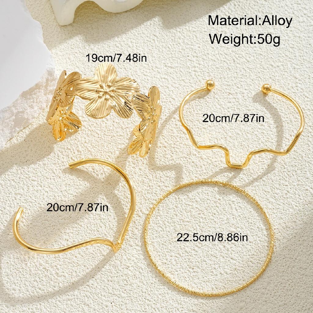 Conjunto de 4 Peças/Conjunto de Pulseiras Metálicas com Flores e Linhas em Relevo para Mulheres Senhoras Simplicidade Exagerada Conjunto de Pulseiras Acessórios de Joias para Férias