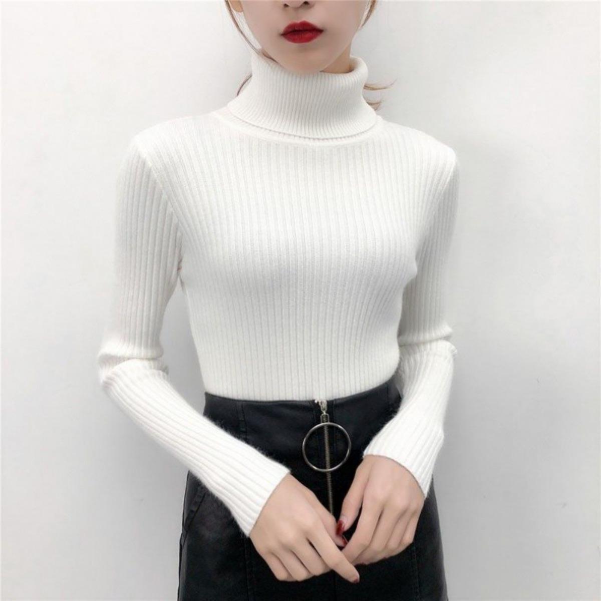 Свитер с высоким воротником для женщин облегающий и стройнящий топ для осени и зимы черная вязаная базовая рубашка со стильным видом XL белый 1450₽