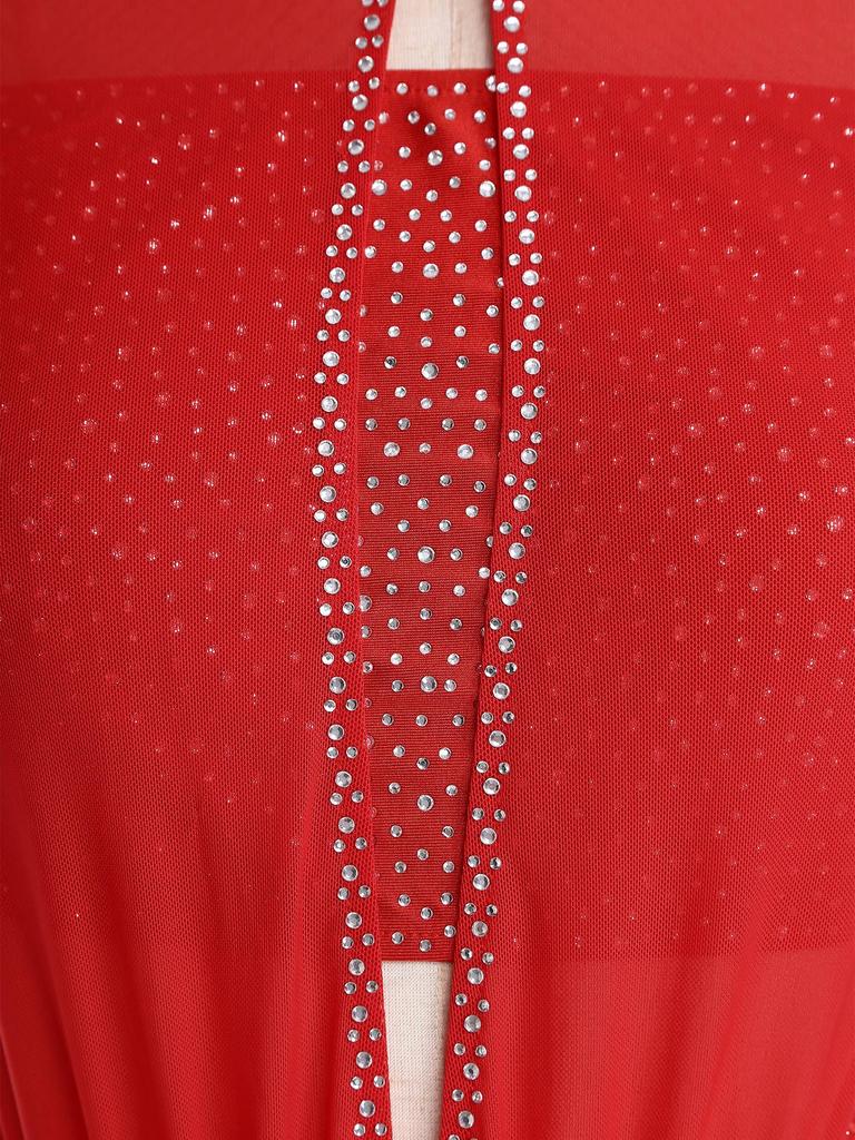 Women Figure Skating Ballet Dance Dresses Sleeveless Backless Sheer Mesh Overlay Shiny Rhinestones Asymmetrical Dress Dancewear