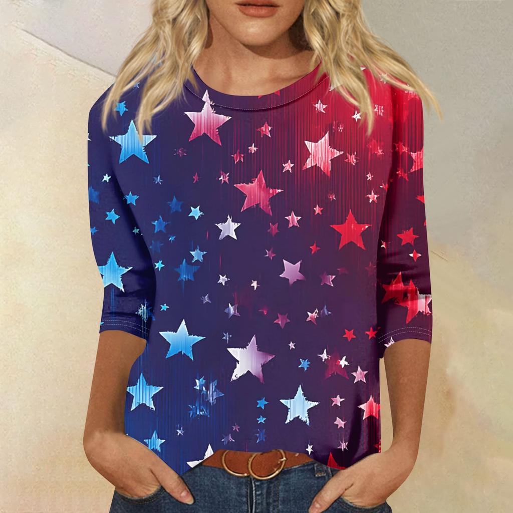 Women's Fashion Casual Seven-Sleeve Independence Day Print Round Neck Top