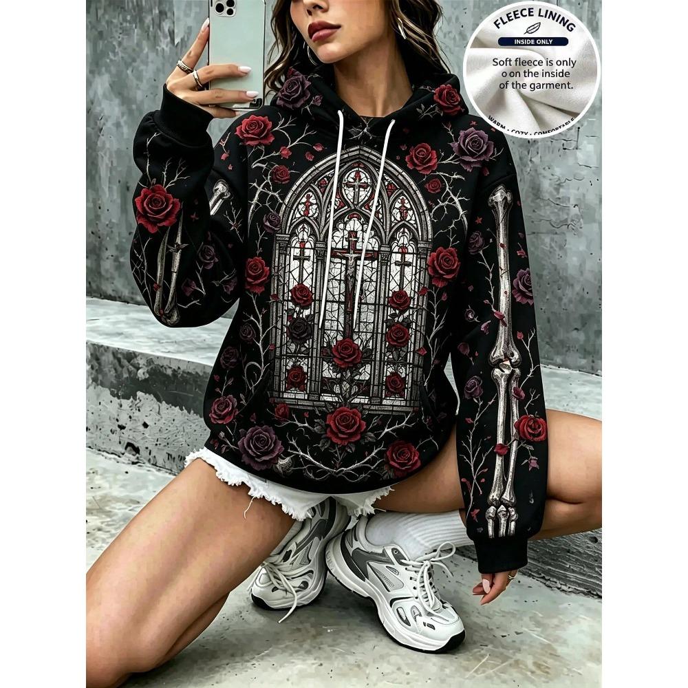 Women Black Gothic Skeleton Red Purple Rose Floral Print Hoodie Warm Fleece Lined Drawstring Pocket Pullover
