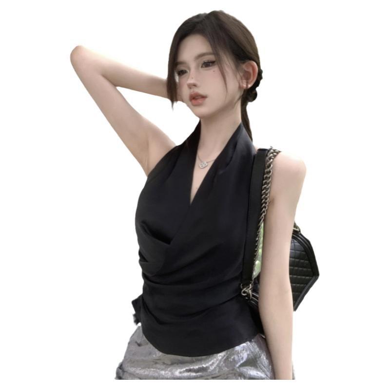 Temperament Royal Sister Style Neck V-Neck Cross Suspender New Muse Fan Sexy Halter Satin Sleeveless Top