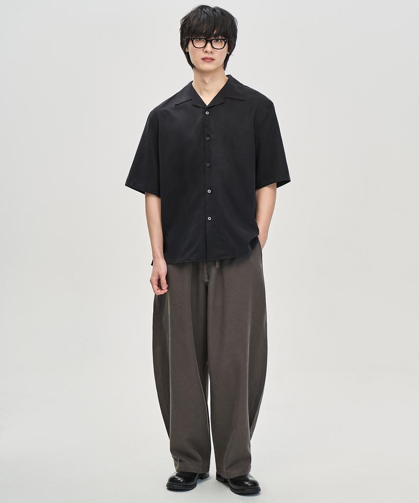 PRAIRIE Linen Open Collar Short Sleeve Shirt (Black)