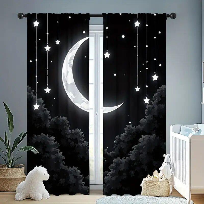 Starry Night Moon and Forest - Pole Bag Curtains, Bedroom and Living Room Decoration, Home Decoration, Living Room Decoration