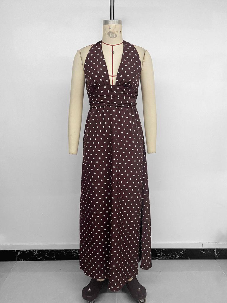 2026 Sexy Retro Polka Dot Halter Neck Dress: European & American Style, Slim Fit, Deep V-neck, Spaghetti Straps.