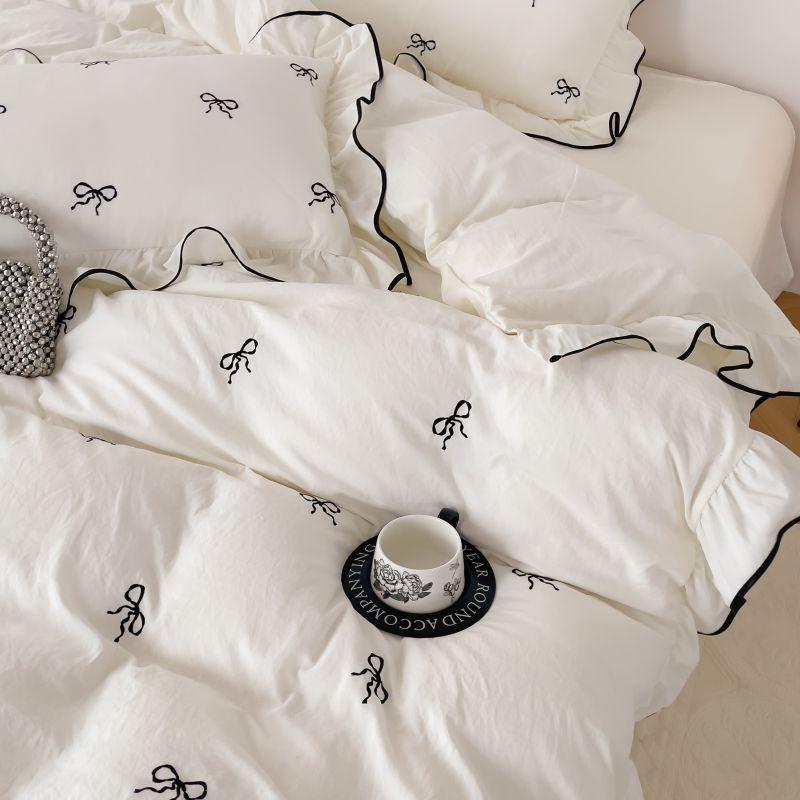3pcs bow embroidery Bedding set ruffles Duvet Cover Set (1*Duvet Cover + 2*Pillowcase, Without Core)for bedroom guest room