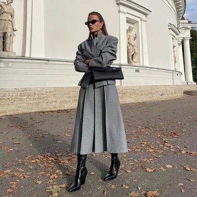 Conjunto de Dos Piezas para Oficina de Mujer Conjunto de Abrigo de Lana Falda Mujeres Solapa Hebilla Oculta Blazers+Falda Plisada de Cintura Alta Conjuntos