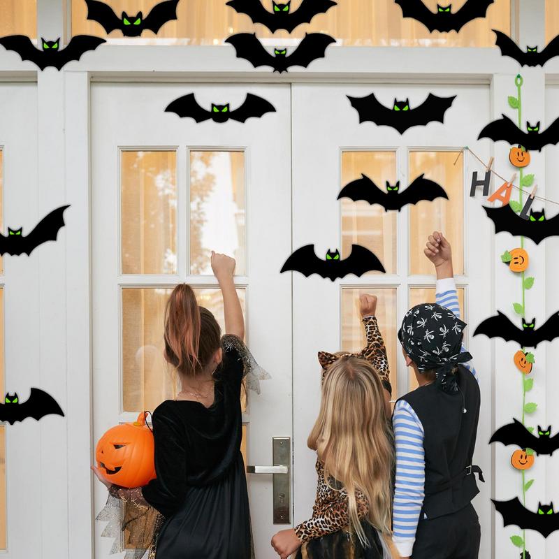 Halloween Bats Wall Decor 3D Halloween Bat Decorations Glow Eyes Bats 128 Pieces Scary Bats Wall Decoration For Bathroom Kitchen
