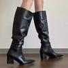 Fashion Winter Vintage Women Knee High Boot Concise Slip on Thick Heel Shoes Square Toe Knight Long Booties 2025 New