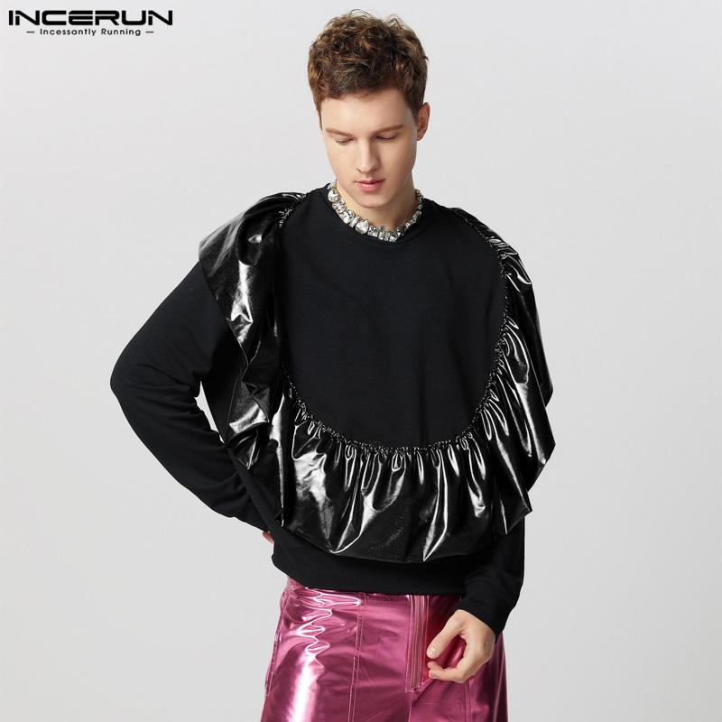 INCERUN Men Round Neck Long Sleeve Shiny Finish Ruffled Patchwork Loose T-shirts